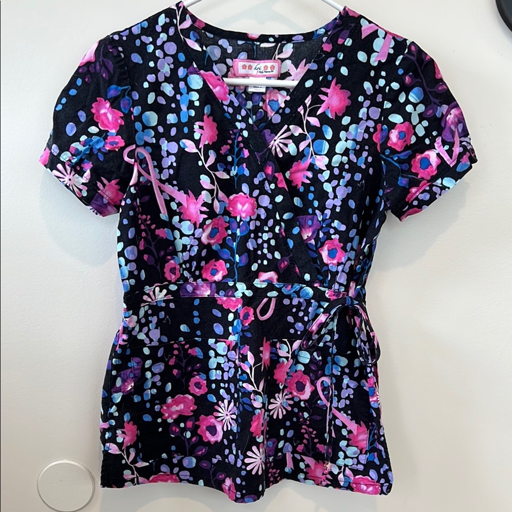 Koi Breast Cancer Awareness Short Sleeve Floral ScrubTop